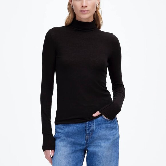 Madewell Wool-Blend Turtleneck Long-Sleeve Tee in Jet Black, Size X-Small - Picture 1 of 10